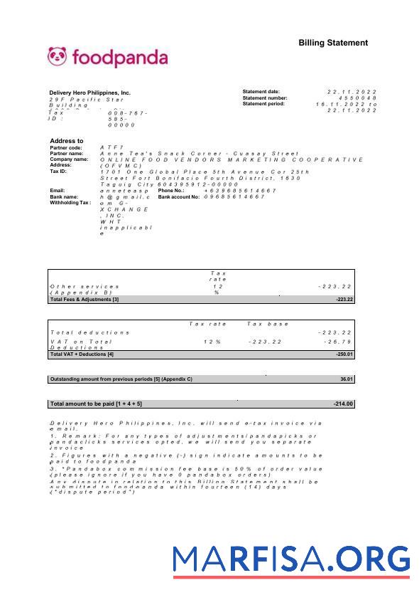 Realistic USA New York Foodpanda billing statement word 4 pages real example
